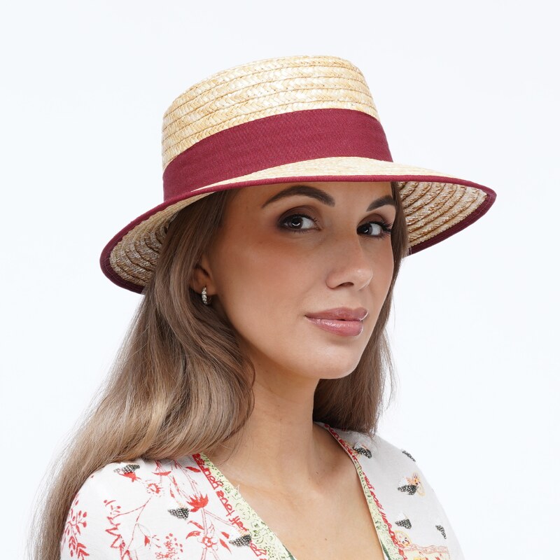 KRUMLOVANKA Letní dámský klobouk pletený z copánkové slámy Fa-39065 bordó stuha