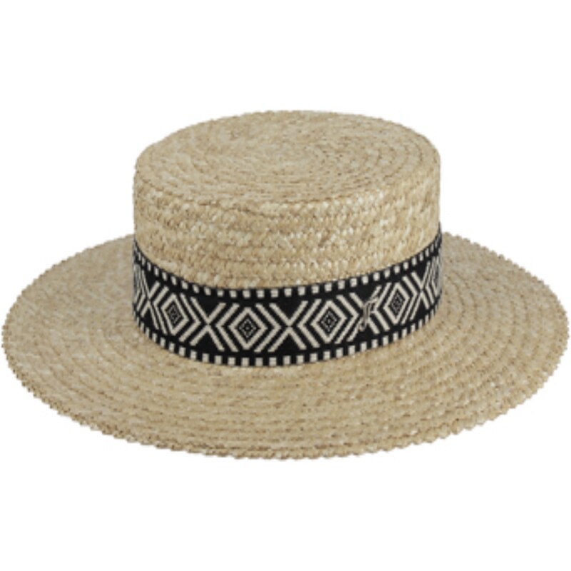 Letní slaměný boater klobouk s černou zdobenou stuhou - francouzský žirarďák - Fléchet - Since 1859