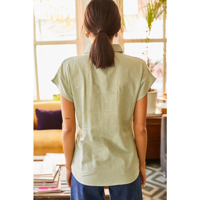 Olalook Women's Aqua Green Bat Linen Shirt