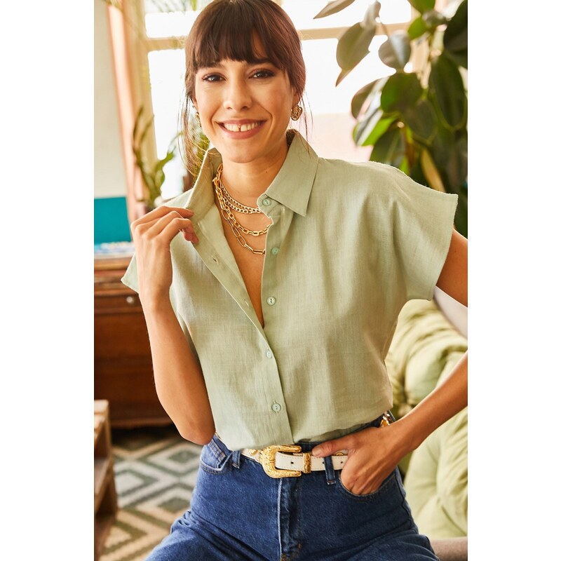 Olalook Women's Aqua Green Bat Linen Shirt