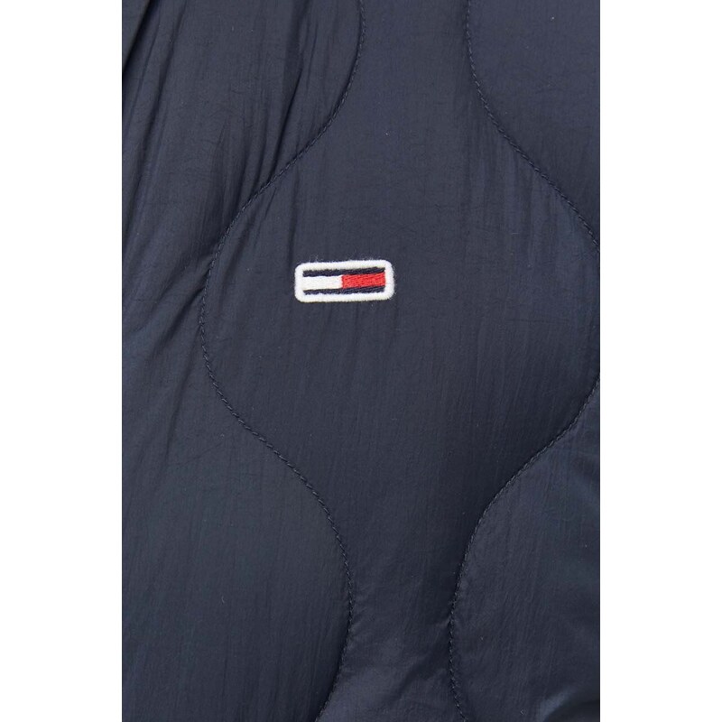 Péřová bunda Tommy Jeans pánská, tmavomodrá barva, přechodná