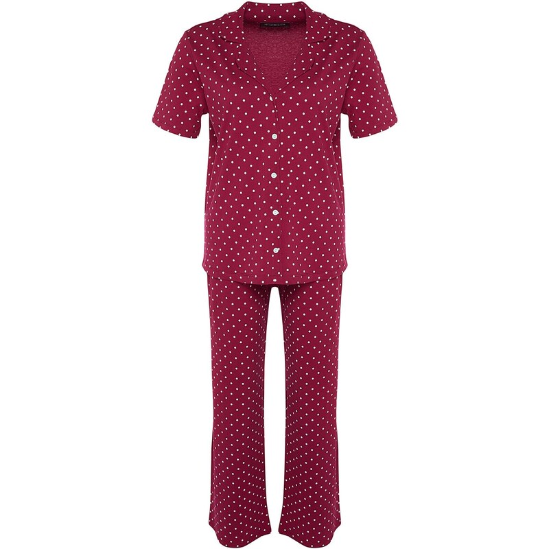 Trendyol Curve Claret Red Printed Knitted Buttons Pajamas Set