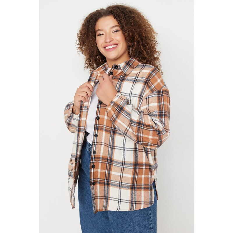 Trendyol Curve Oversized Brown Checkered Woven Shirt