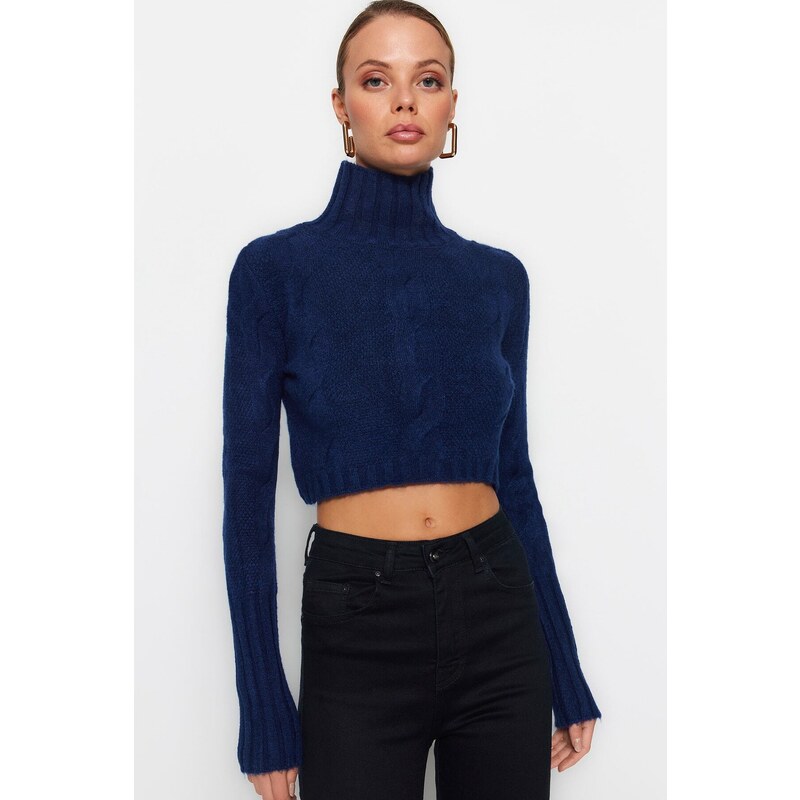 Trendyol Navy Blue Crop Měkký texturovaný pletený svetr