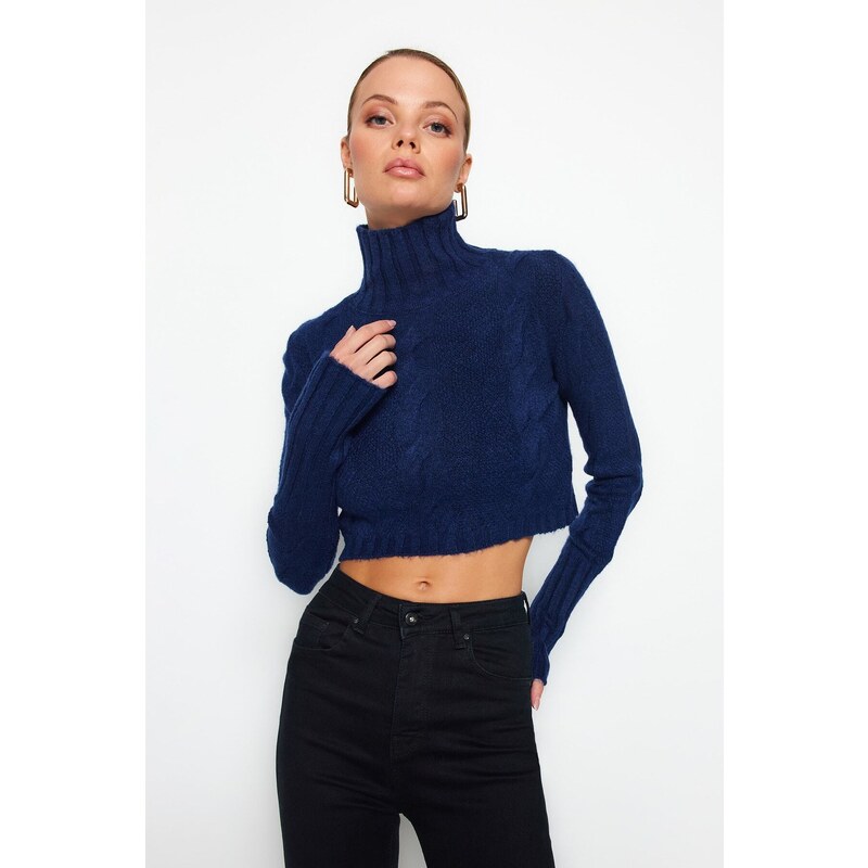 Trendyol Navy Blue Crop Měkký texturovaný pletený svetr