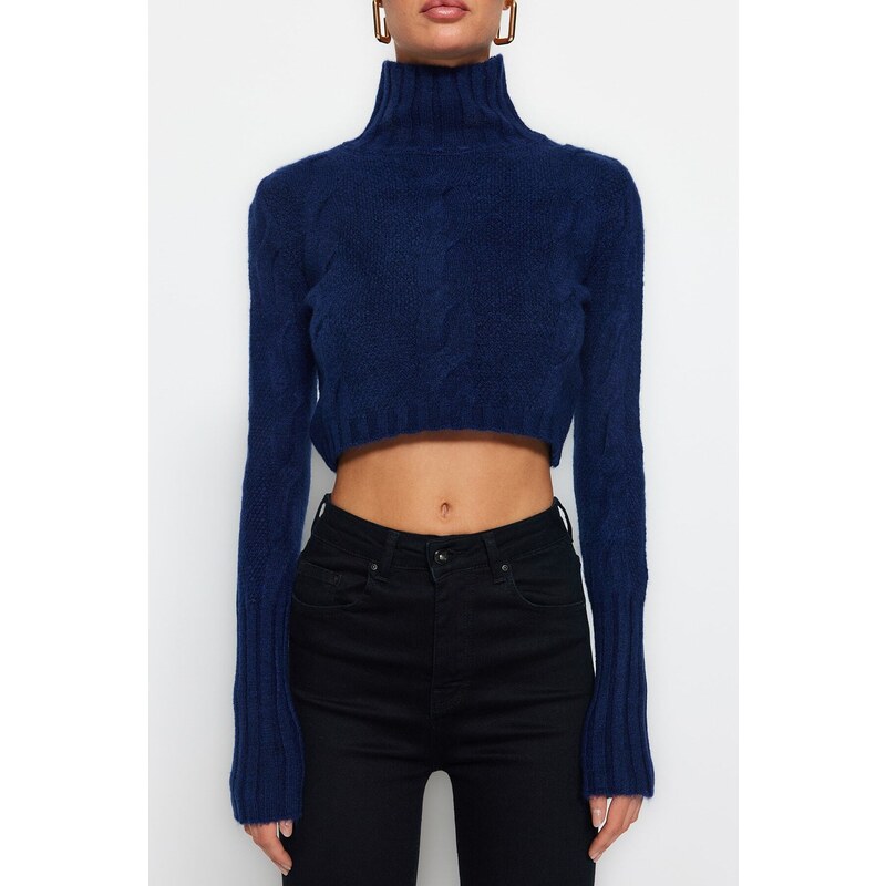 Trendyol Navy Blue Crop Měkký texturovaný pletený svetr