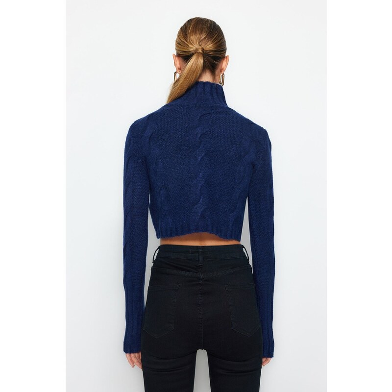 Trendyol Navy Blue Crop Měkký texturovaný pletený svetr