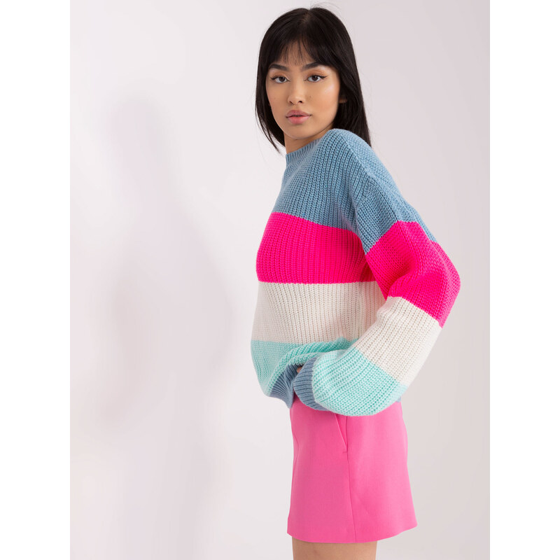 Fashionhunters Modrý a fluo růžový vlněný oversize svetr