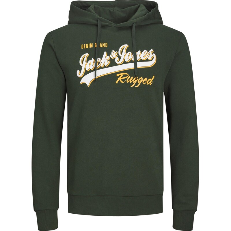 JACK & JONES Mikina tmavě zelená / jasně oranžová / bílá