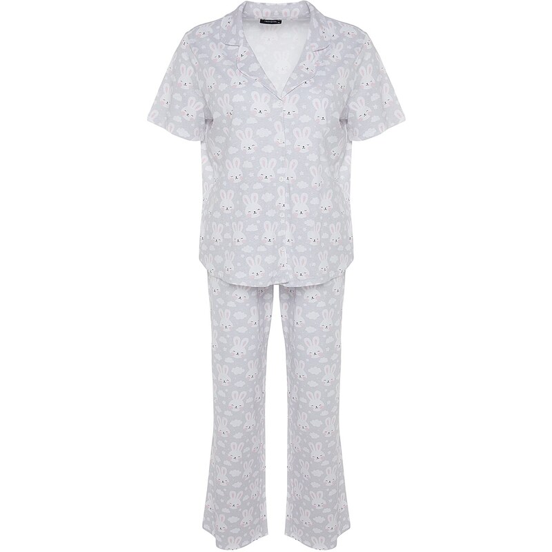 Trendyol Curve Gray Printed Knitted Buttons Pajamas Set