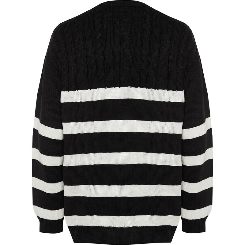 Trendyol Black Unisex Oversize Fit Wide Fit Hair Knit Striped Anti-Pilling Knitwear Sweater