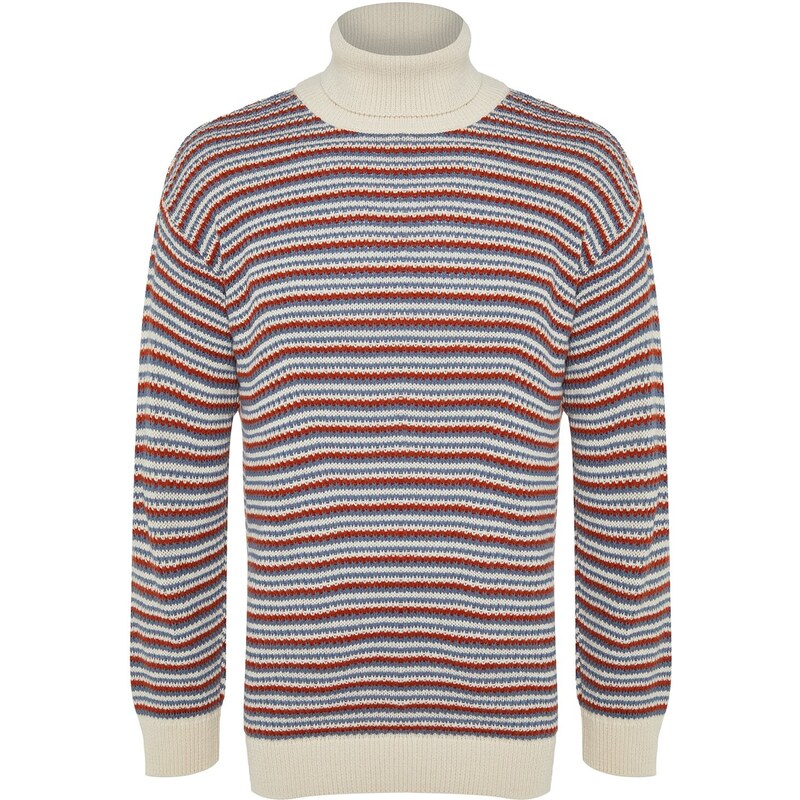 Trendyol Ecru Oversize Fit Wide Fit Turtleneck Striped Knitwear Sweater