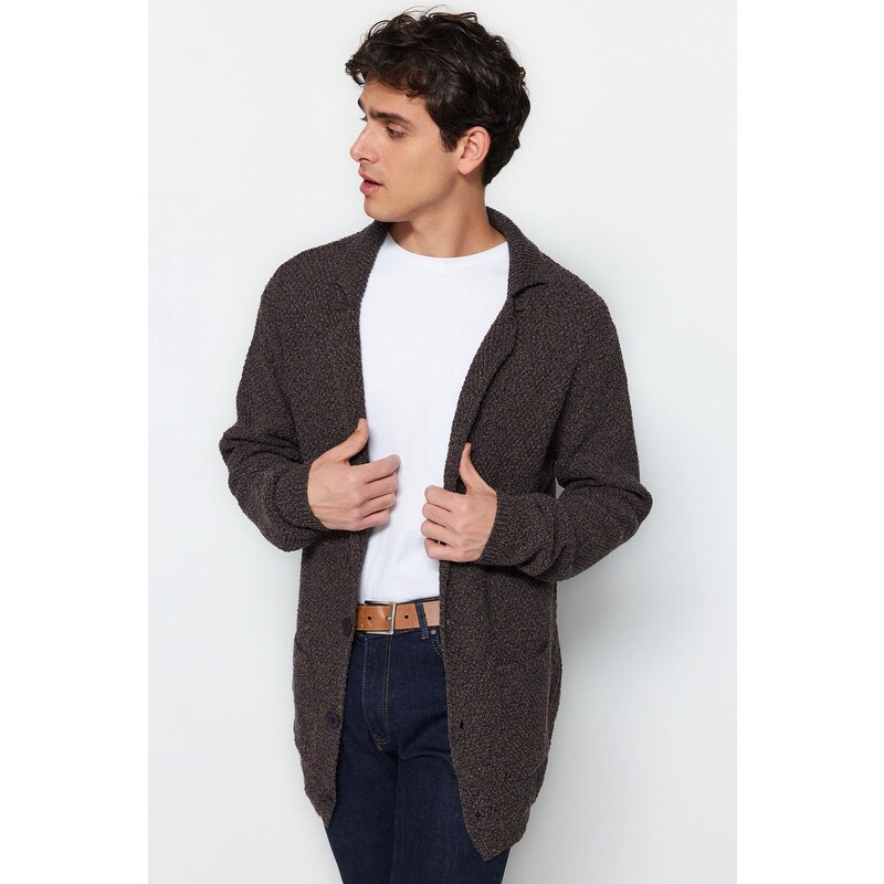 Trendyol Brown Slim Fit Jacket Collar Textured Pocket Knitwear Cardigan