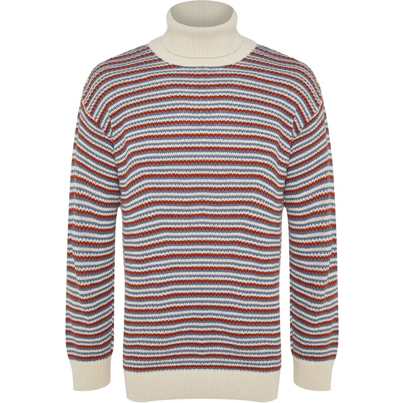 Trendyol Ecru Oversize Fit Wide Fit Turtleneck Striped Knitwear Sweater