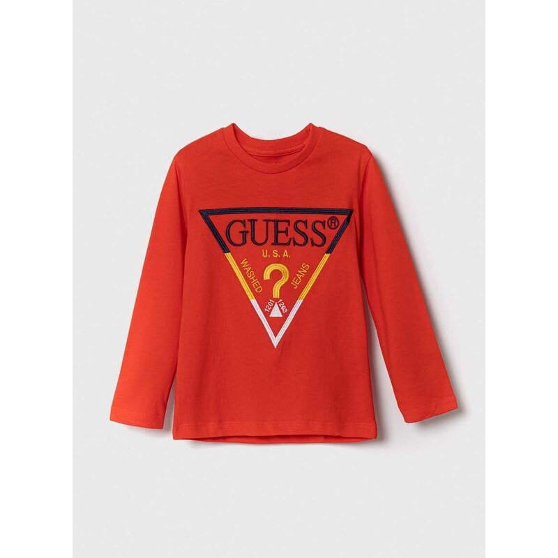 Dětská bavlněná košile s dlouhým rukávem Guess červená barva, s aplikací