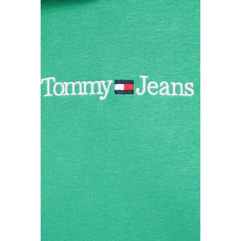 Mikina Tommy Jeans dámská, zelená barva, s kapucí, hladká