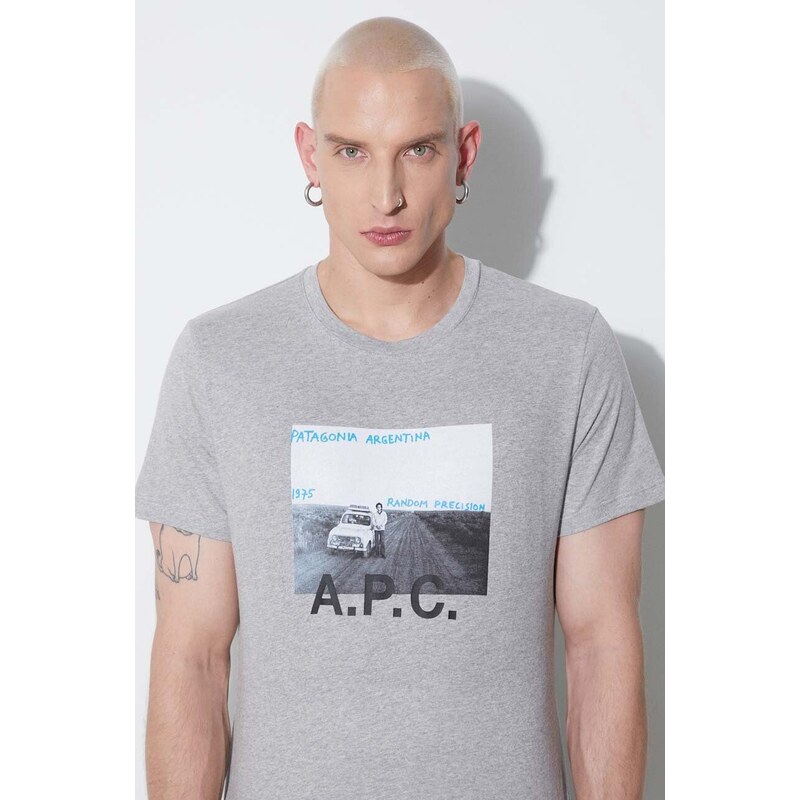 Bavlněné tričko A.P.C. šedá barva, s potiskem, COEMV.H26058-GREY