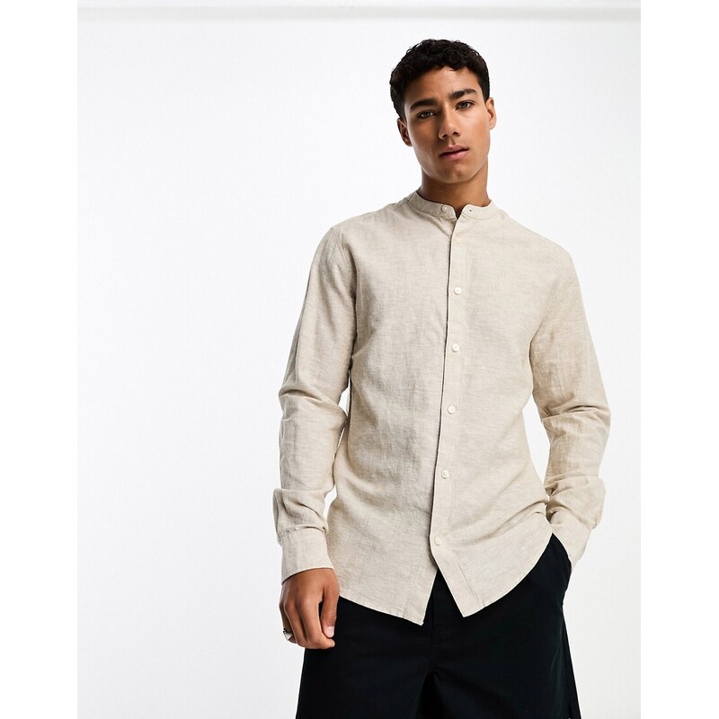 ONLY & SONS linen mix grandad collar shirt in beige-Neutral