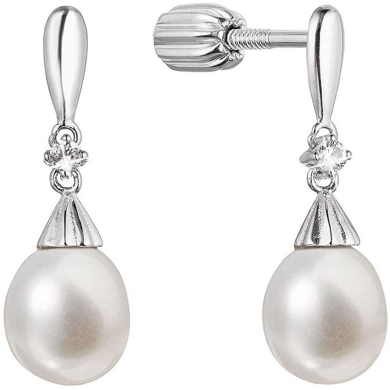 Stříbrné náušnice visací s říční perlou a malým zirkonem bílá 21105.1B 84154806