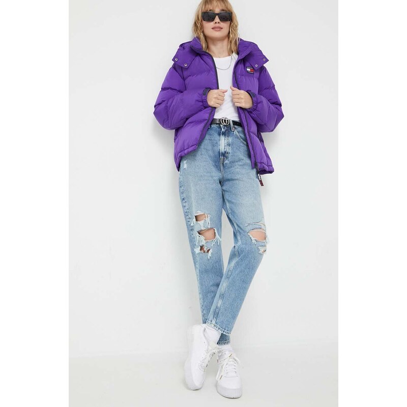 Péřová bunda Tommy Jeans dámská, fialová barva, zimní