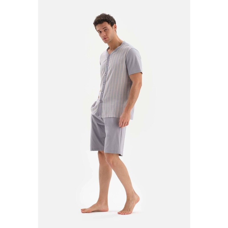 Dagi Gray Front Buttoned Striped Woven Shorts Pajama Set