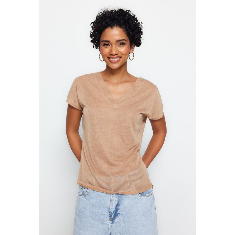 Trendyol Beige V-Neck Linen Look Regular Fit Knitted T-Shirt