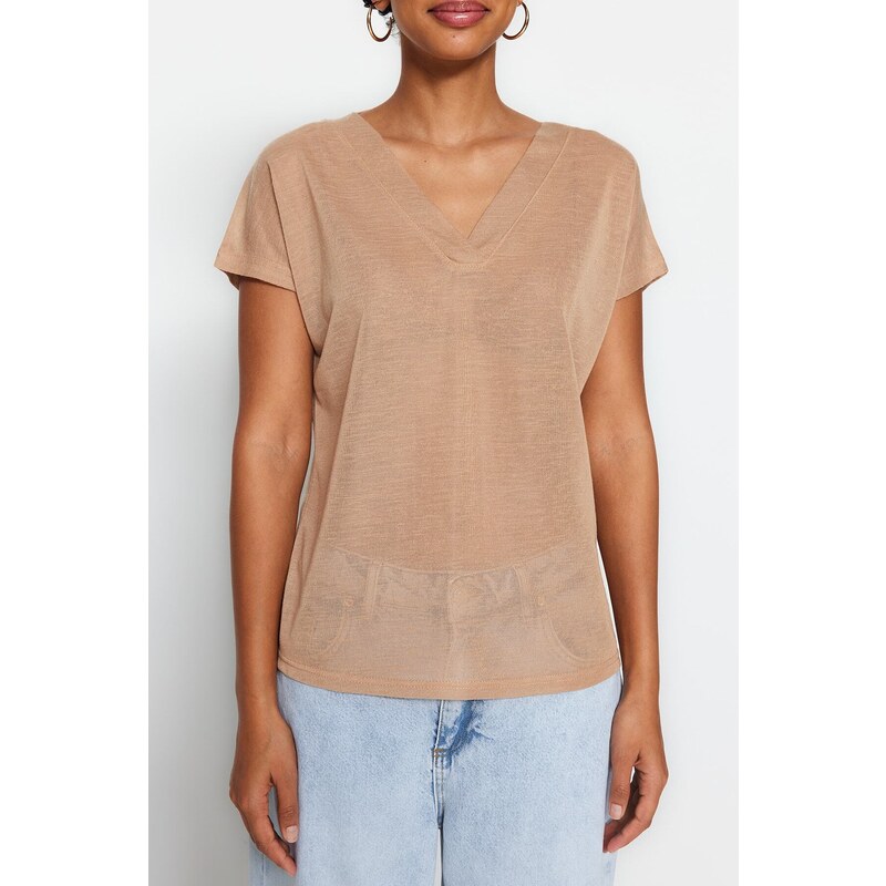 Trendyol Beige V-Neck Linen Look Regular Fit Knitted T-Shirt