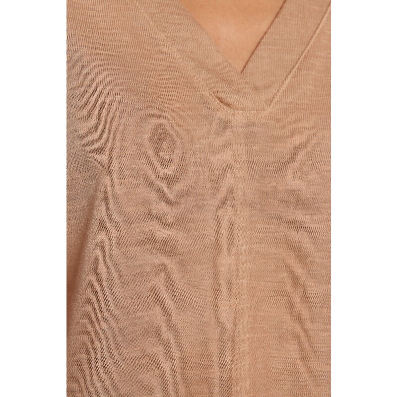 Trendyol Beige V-Neck Linen Look Regular Fit Knitted T-Shirt