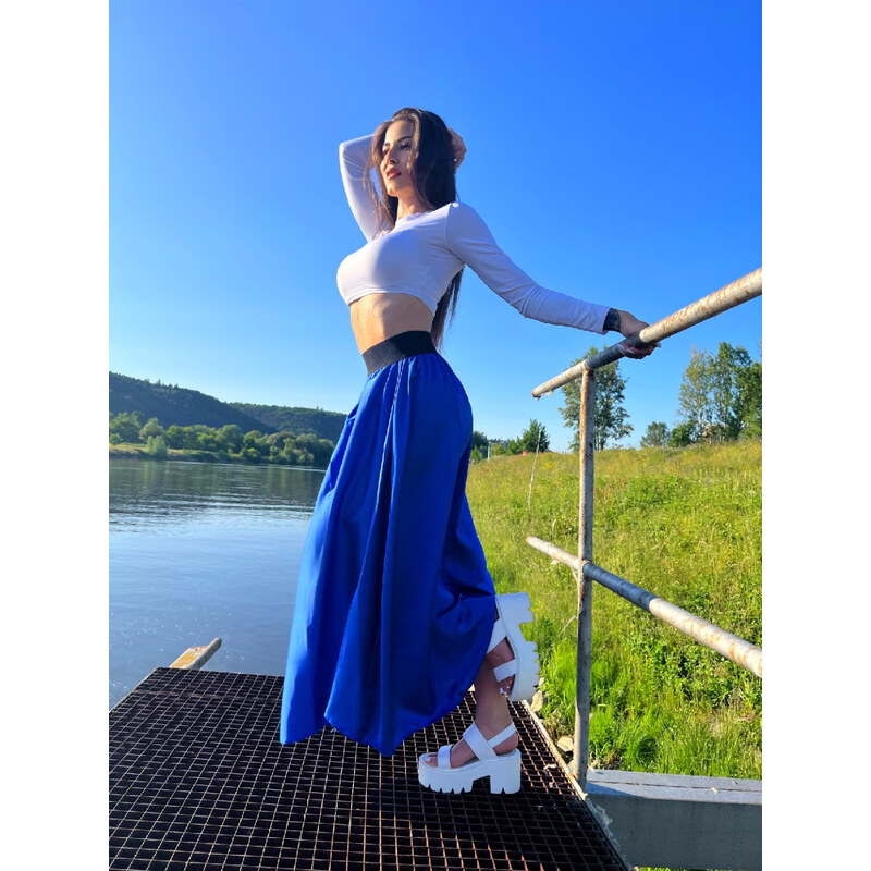 Dlouhá saténová sukně - modrá