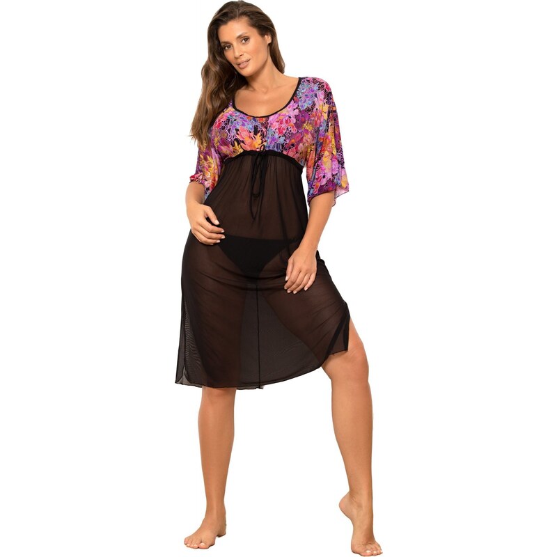 MARKO COLLECTION Růžová květinová plážová tunika na plavky s černou 83987389