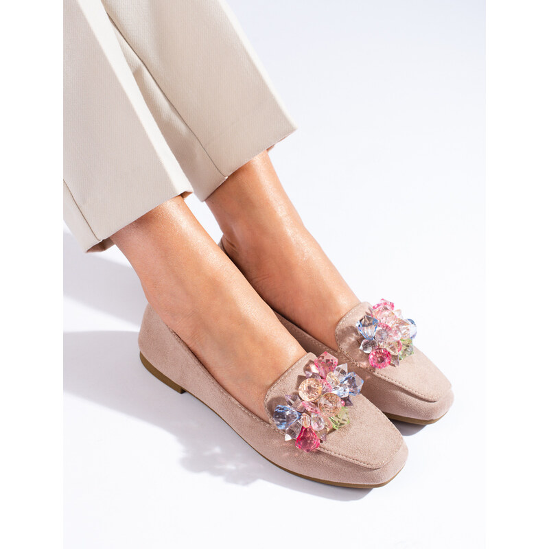 Suede beige loafers with Shelvt crystals