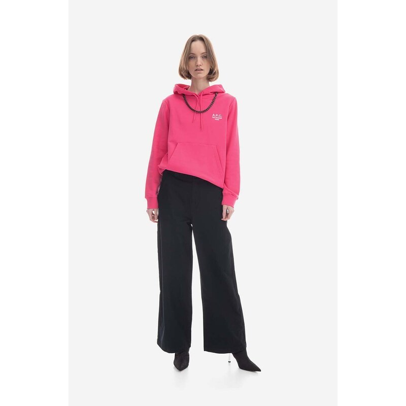 Bavlněná mikina A.P.C. Hoodie Manuela dámská, růžová barva, s kapucí, aplikací, COEZD-F27760 BRIGHT PINK