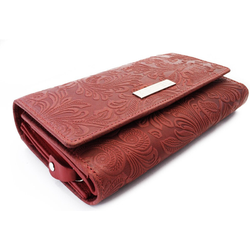 Červená klopnová kožená dámská peněženka se vzorem Ourania