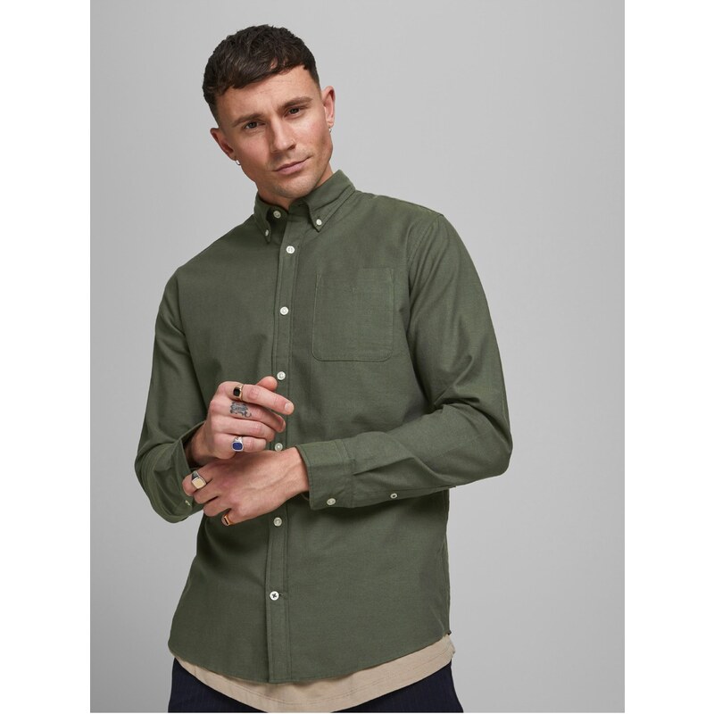 Khaki pánská svrchní košile Jack & Jones Oxford - Pánské