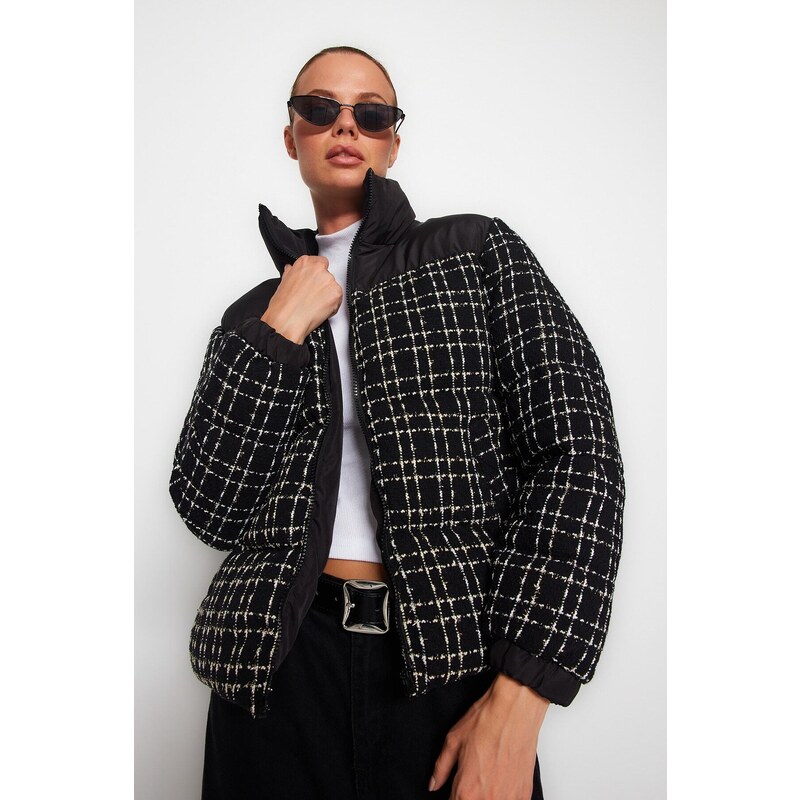 Trendyol Black Premium Oversize Tweed Puffy Coat