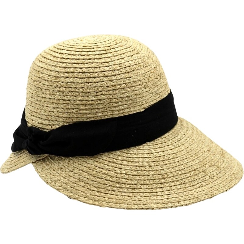 Marone Dámský slaměný klobouk Cloche s černou stuhou - zkrácená krempa vzadu