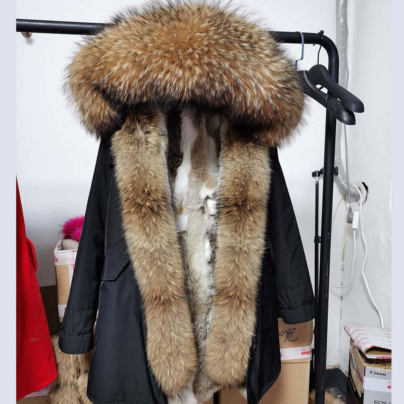 MaKong Fashion Dámská parka zimní z pravé kožešiny králičí a srst mývala