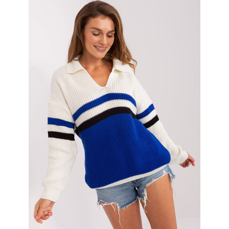 Fashionhunters Ecru-kobaltový oversize svetr s límečkem