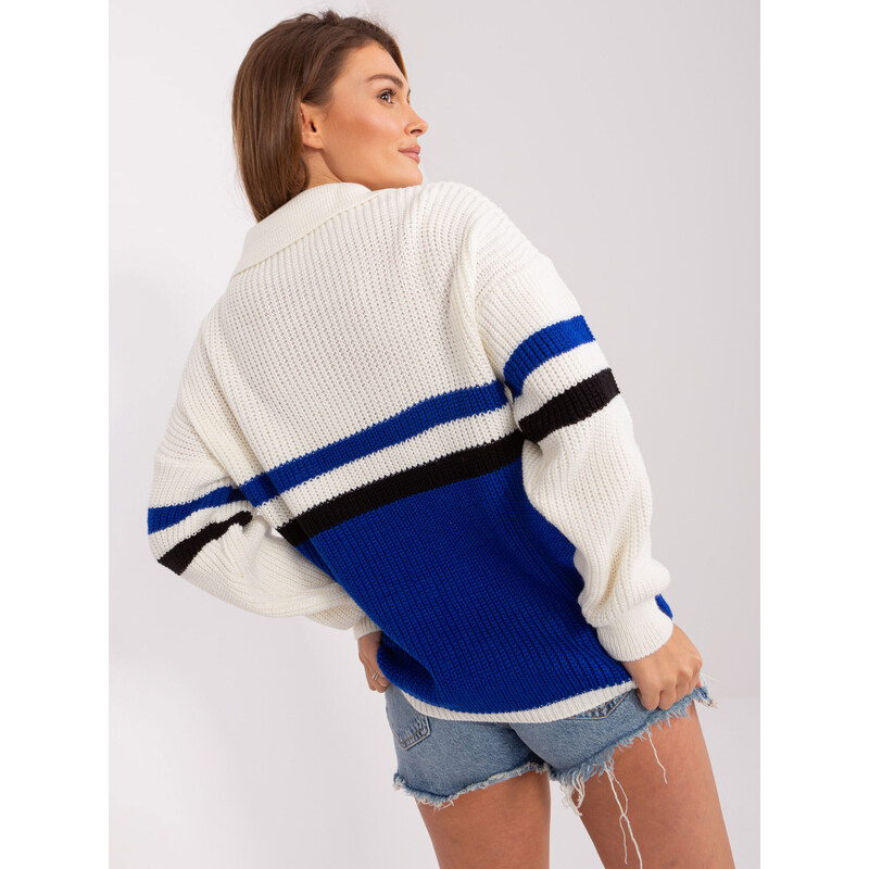 Fashionhunters Ecru-kobaltový oversize svetr s límečkem