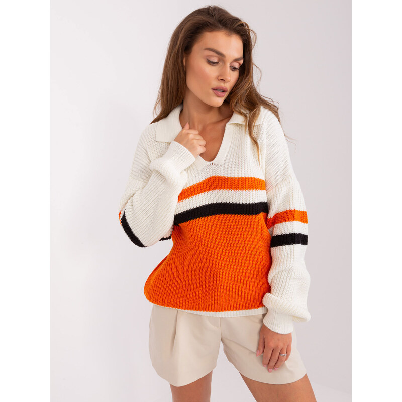 Fashionhunters Ecru-oranžový oversize svetr s vlnou