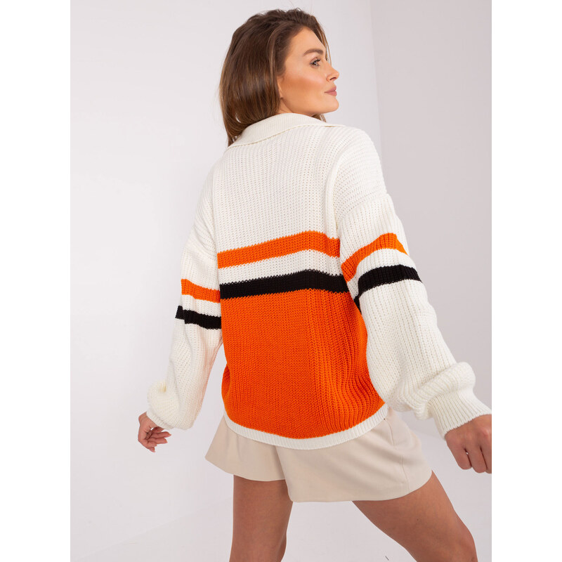 Fashionhunters Ecru-oranžový oversize svetr s vlnou
