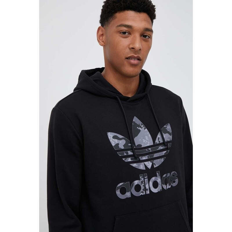 Mikina adidas Originals pánská, černá barva, s kapucí, s potiskem