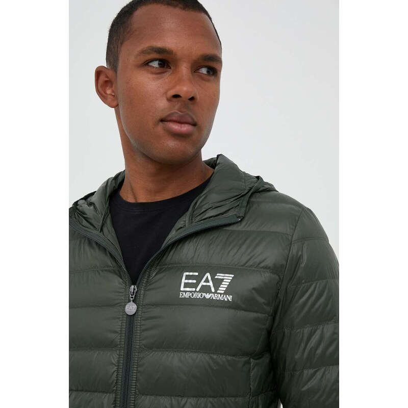 Péřová bunda EA7 Emporio Armani pánská, zelená barva, přechodná