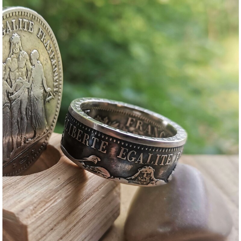 CoinRingsCZ STŘÍBRNÝ PRSTEN "HERKULES" - zakázková výroba, unikátní elegantní prsten na míru, stříbrný prsten z francouzského 10 Franku, masivní prsten pro muže, thumb ring, úprava velikosti prstenu.