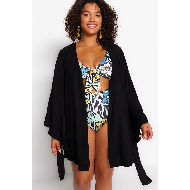 Trendyol Curve Black Ruffle Viscose Woven Kimono & Caftan