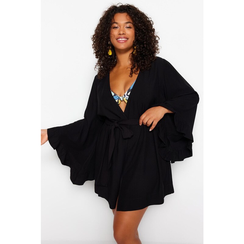 Trendyol Curve Black Ruffle Viscose Woven Kimono & Caftan