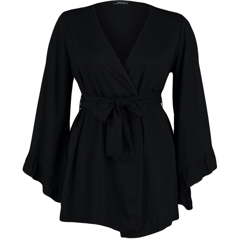 Trendyol Curve Black Ruffle Viscose Woven Kimono & Caftan
