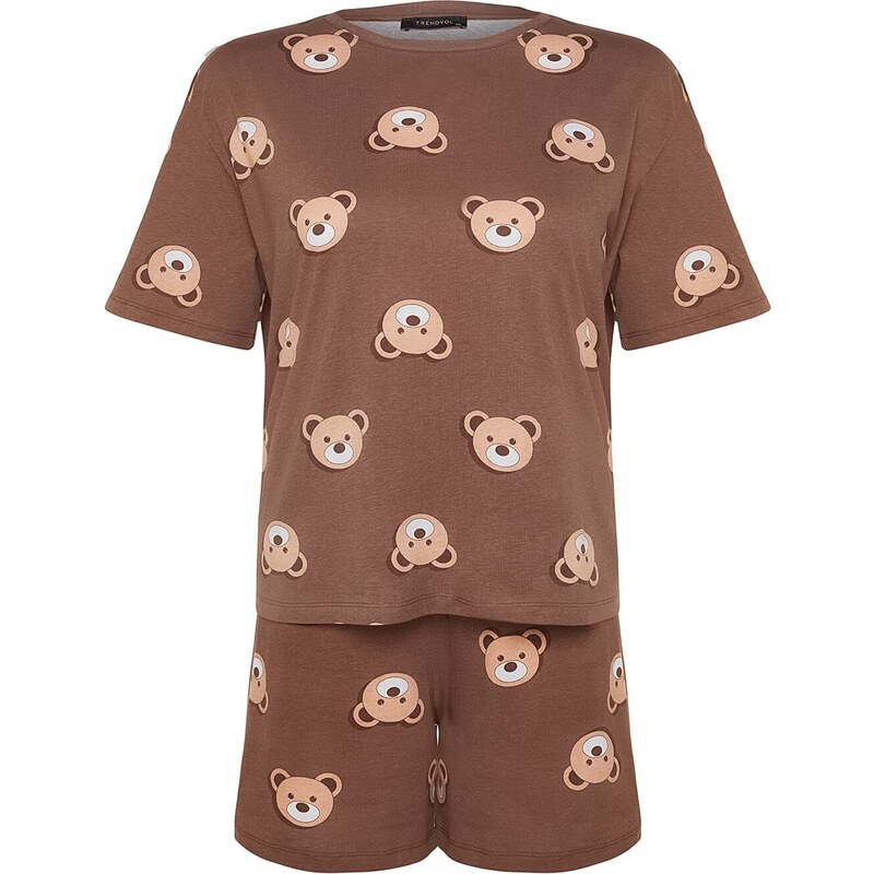 Trendyol Curve Brown Teddy Bear Printed Cotton Knitted Pajamas Set