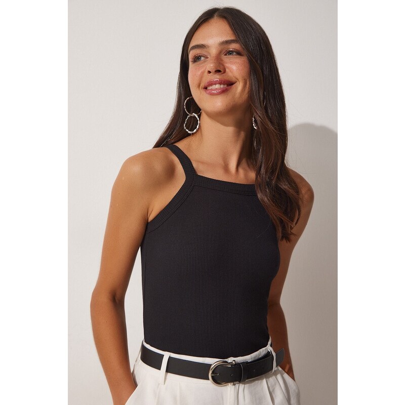 Happiness İstanbul Women's Black Corduroy Crop Halterneck Knitted Singlets