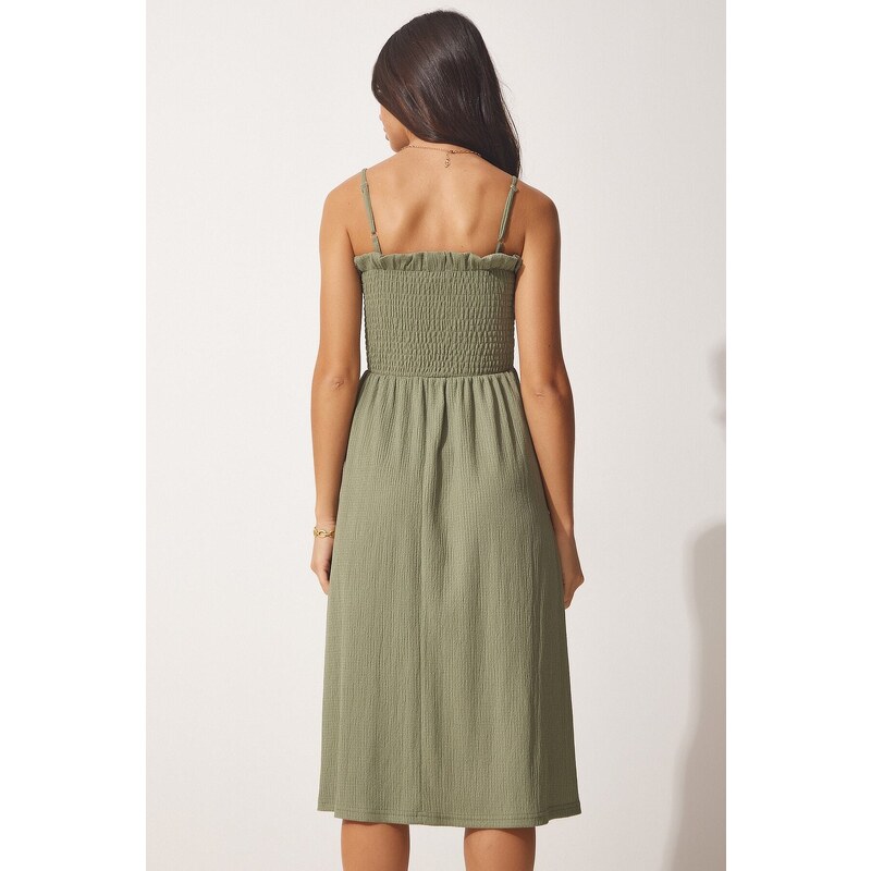 Happiness İstanbul Women's Khaki Straps Frill Detailed Summer Woven Dress